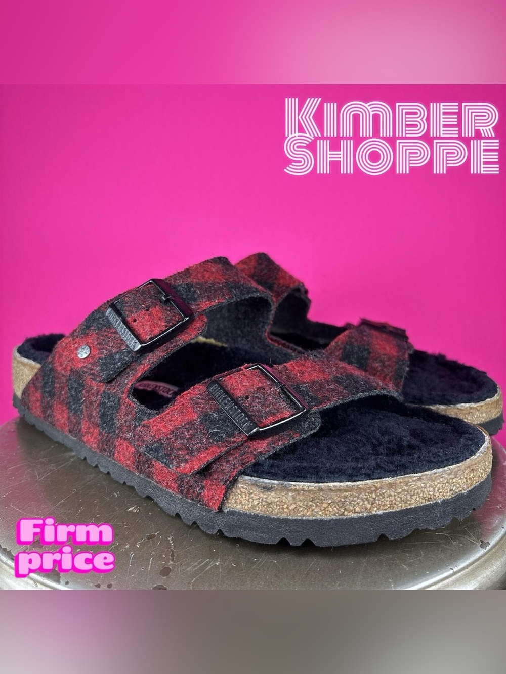 Birkenstock Arizona Red Plaid Wool Shearling Lined Double Strap Sandal US 11
